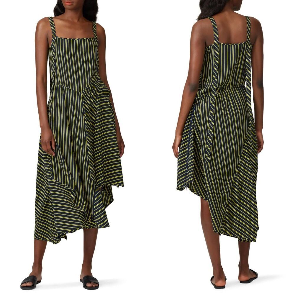 Nina Ricci Striped‎ Asymmetric Trapeze Blue Yellow 100% Silk Dress Sz FR 34 US 0